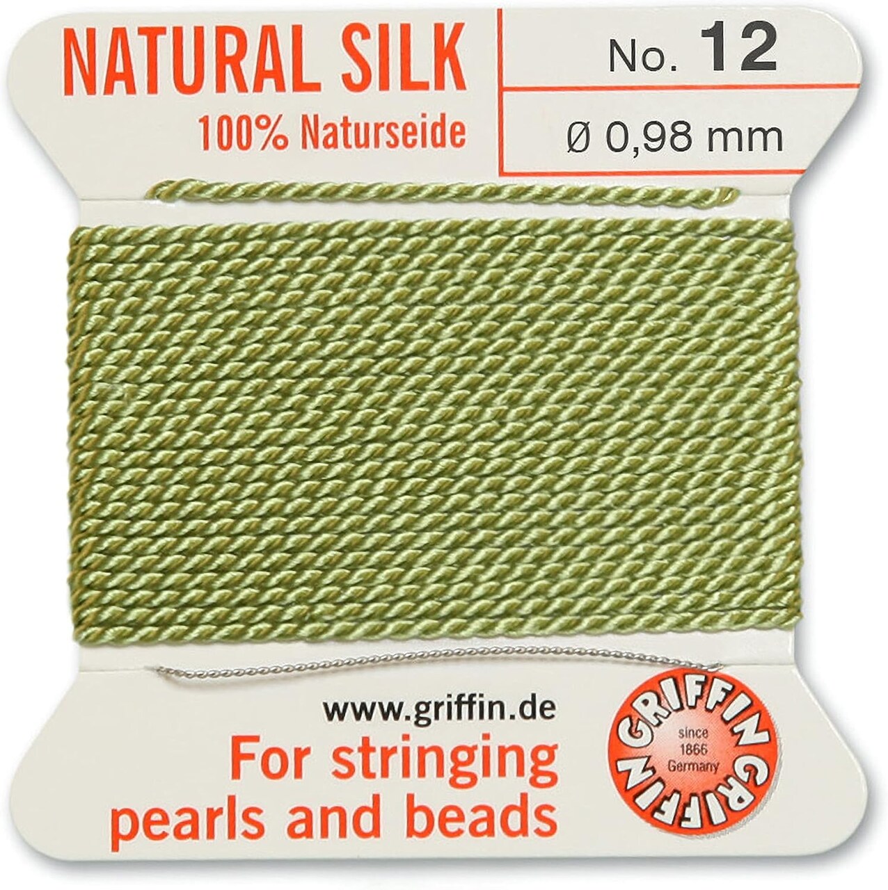 Griffin Silk Bead Cord Perlseide – Size 12 (0.98mm) – 2 Meters per Card – Stainless Steel Needle Attached – for Knotting Pearls, Gemstones, Crystals and Beads